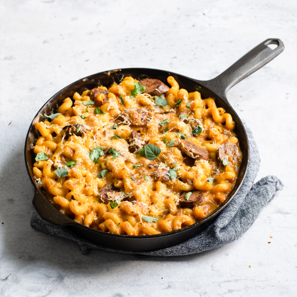 Cheesy Pumpkin Bratwurst Pasta Vegan Recipe