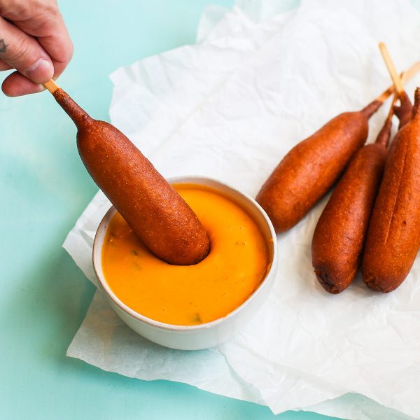 Bratwurst Corndogs with Jalapeño Beer Cheese Vegan Recipe