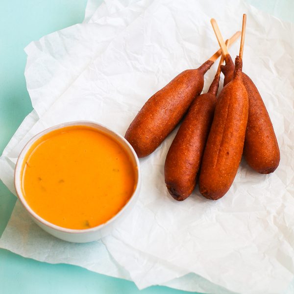 Bratwurst Corndogs with Jalapeño Beer Cheese Vegan Recipe