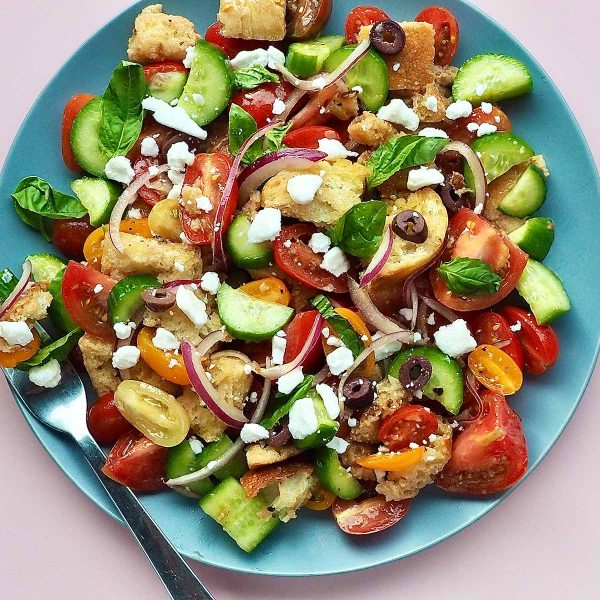 Tomato and Feta Panzanella Salad Vegan Recipe