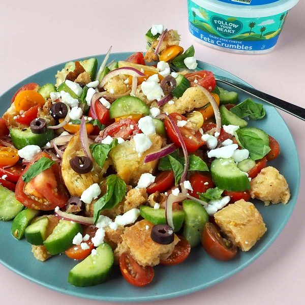 Tomato and Feta Panzanella Salad Vegan Recipe