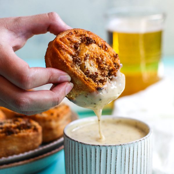 Sausage Pizza Rolls with Beer Cheese Sauce Vegan Recipe