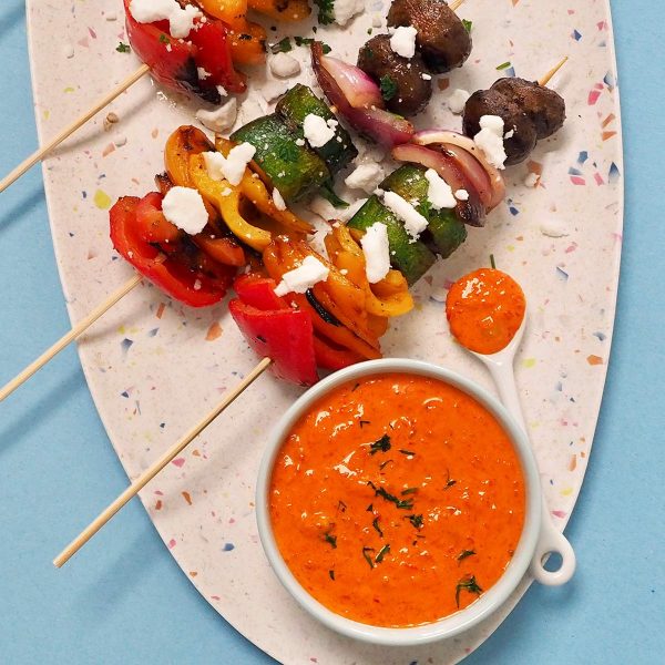 Rainbow Veggie Feta Kebabs with Creamy Red Pepper Sauce Vegan Recipe
