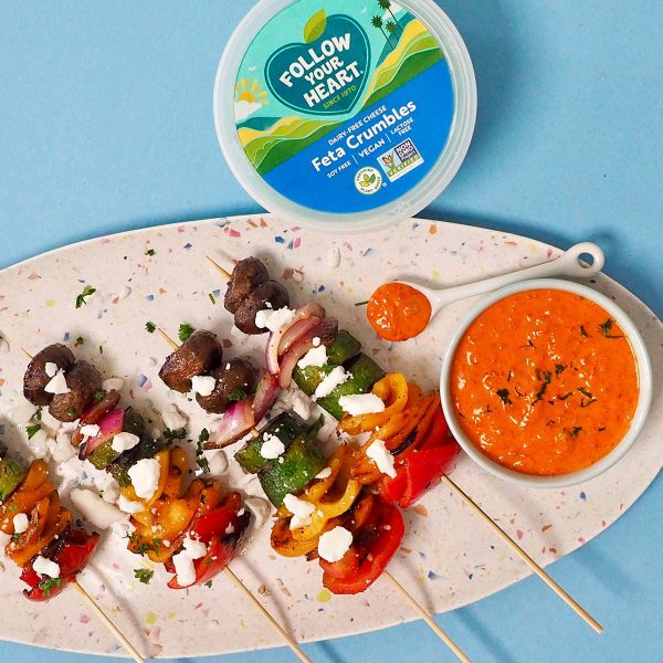 Rainbow Veggie Feta Kebabs with Creamy Red Pepper Sauce Vegan Recipe