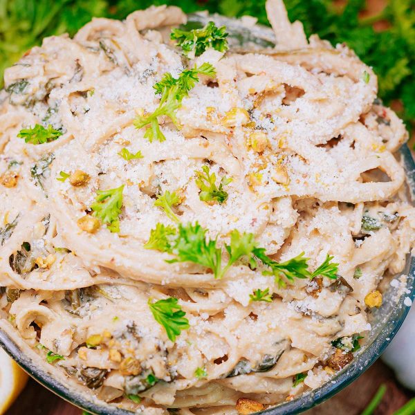 Roasted Artichoke Spinach Spaghetti Vegan Recipe