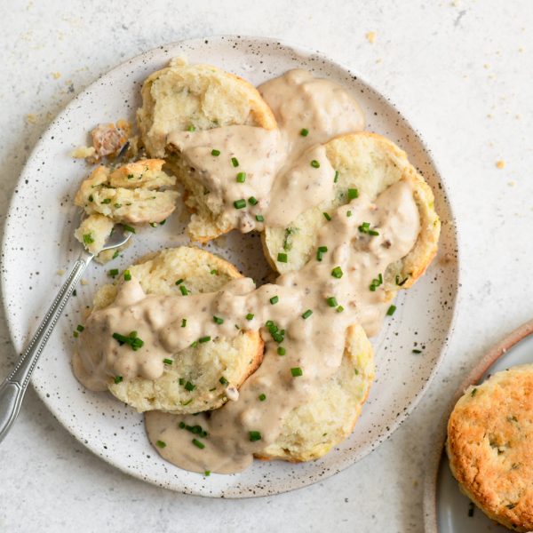 Sour Cream and Chive Biscuits with Vegan White Pepper Sausage Gravy Vegan Recipe