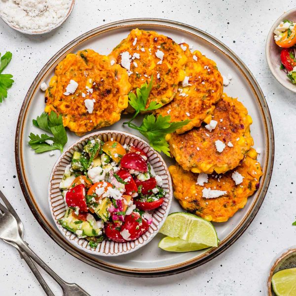 Sweetcorn Fritters with Avocado, Tomato, and Feta Salad Vegan Recipe