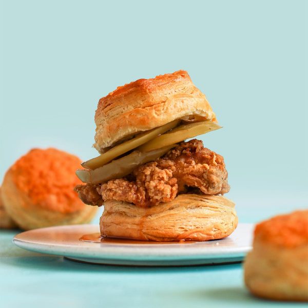 Vegan Cheddar Biscuits with Fried Chick’n, Green Tomatoes, & Chipotle Hot ‘Honey’ Vegan Recipe