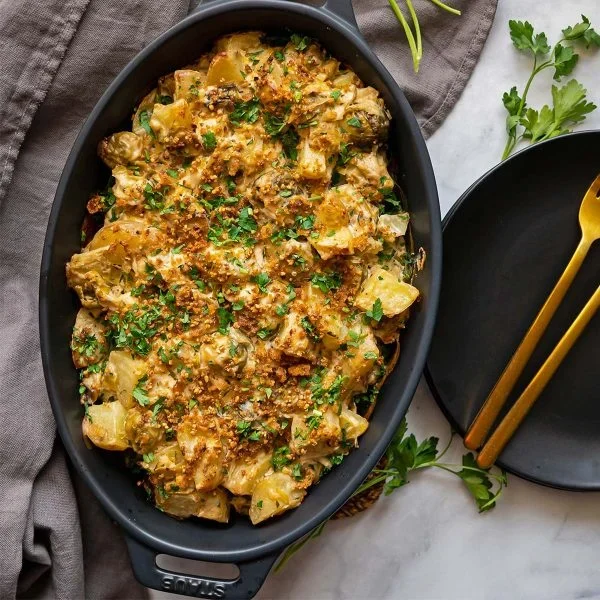 Potato, Brussels Sprouts and Leek Bake Vegan Recipe