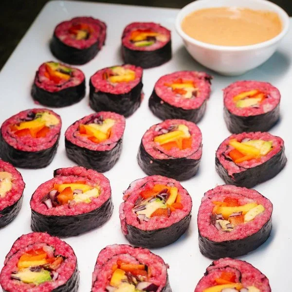 Rainbow Sushi Rolls with Spicy Dipping Sauce Vegan Recipe