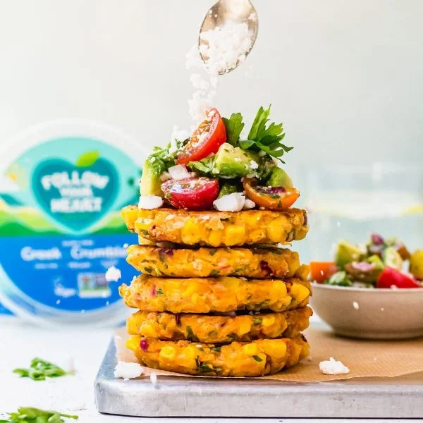 Sweetcorn Fritters with Avocado, Tomato, and Feta Salad Vegan Recipe