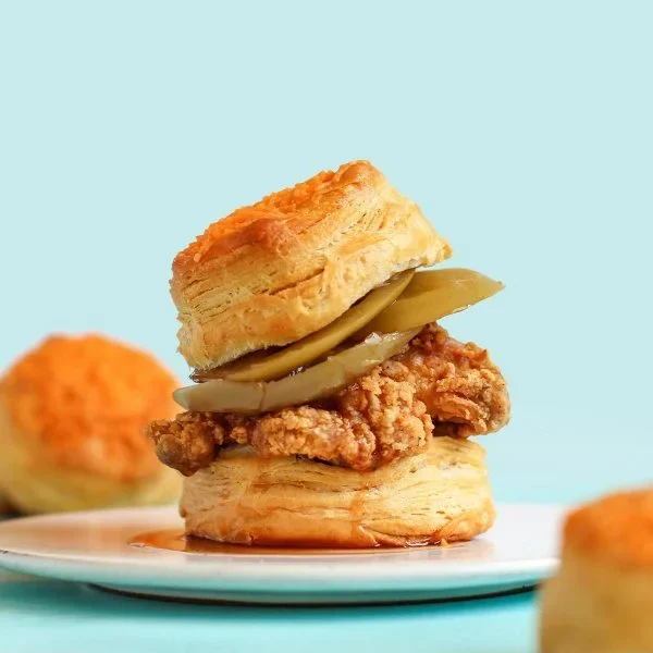 Vegan Cheddar Biscuits with Fried Chick’n, Green Tomatoes, & Chipotle Hot ‘Honey’ Vegan Recipe